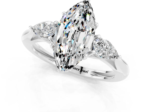 Silver Three-Stone Marquise Cut Moissanite Ring with Pear  Side Stones in Four-Prong Setting