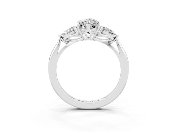 Silver Three-Stone Marquise Cut Moissanite Ring with Pear  Side Stones in Four-Prong Setting