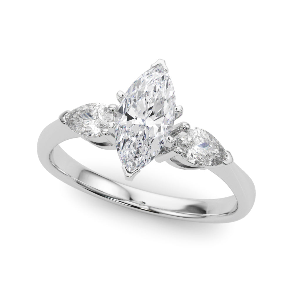 Silver Three-Stone Marquise Diamond Ring with Pear Side Stones on a Platinum Band with Four-Prong Setting 2