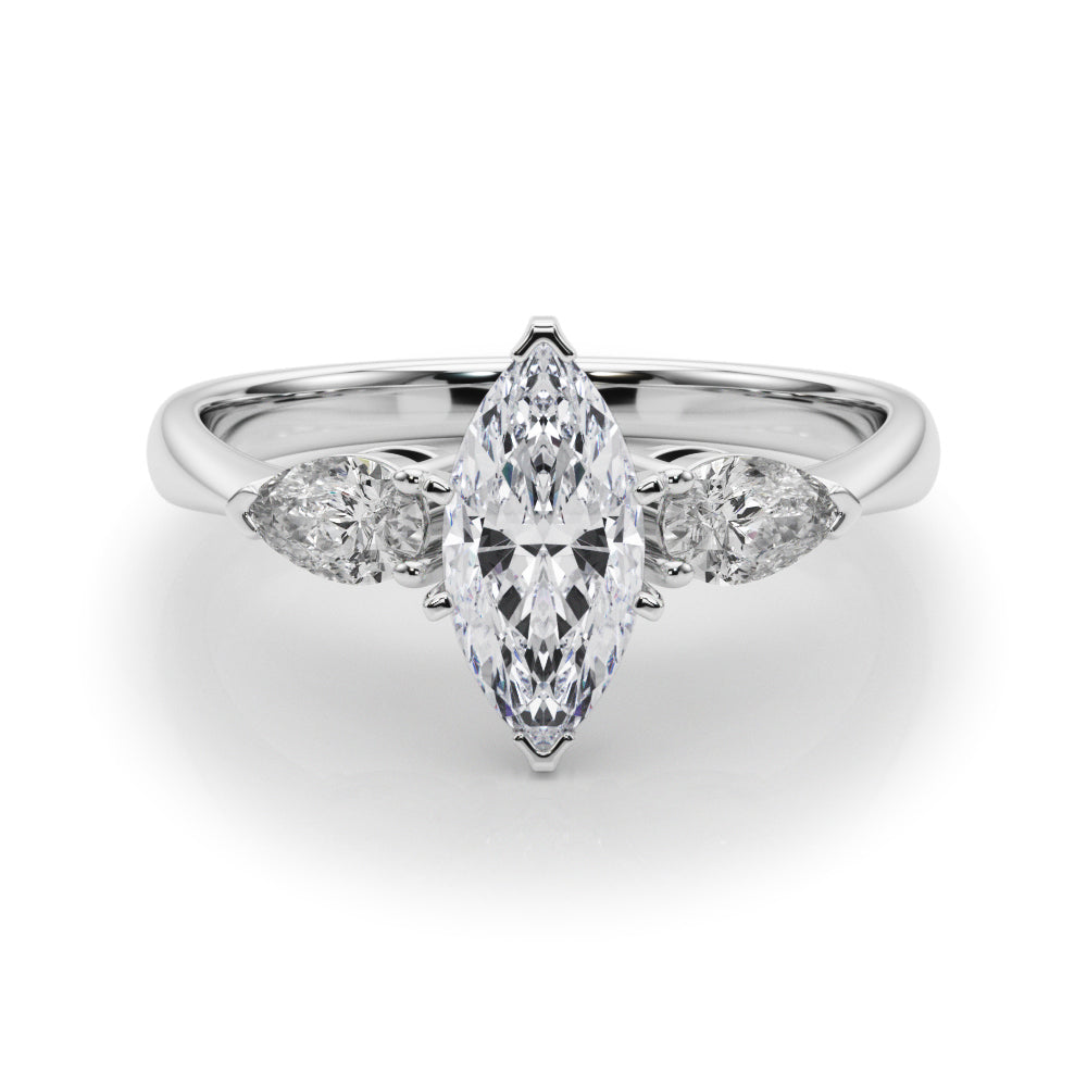 Silver Three-Stone Marquise Diamond Ring with Pear Side Stones on a Platinum Band with Four-Prong Setting