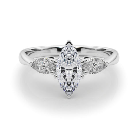 Silver Three-Stone Marquise Diamond Ring with Pear Side Stones on a Platinum Band with Four-Prong Setting