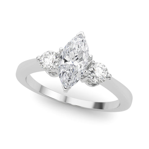 Silver Three-Stone Marquise Solitaire Ring with Tapered Band and Four-Prong Setting 2