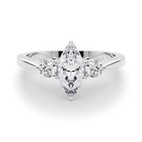 Silver Three-Stone Marquise Solitaire Ring with Tapered Band and Four-Prong Setting