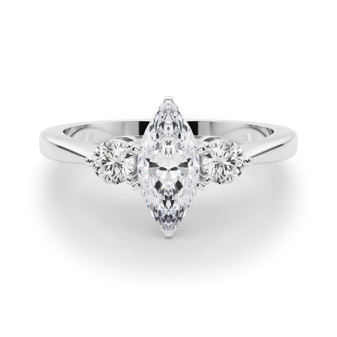 Silver Three-Stone Marquise Solitaire Ring with Tapered Band and Four-Prong Setting