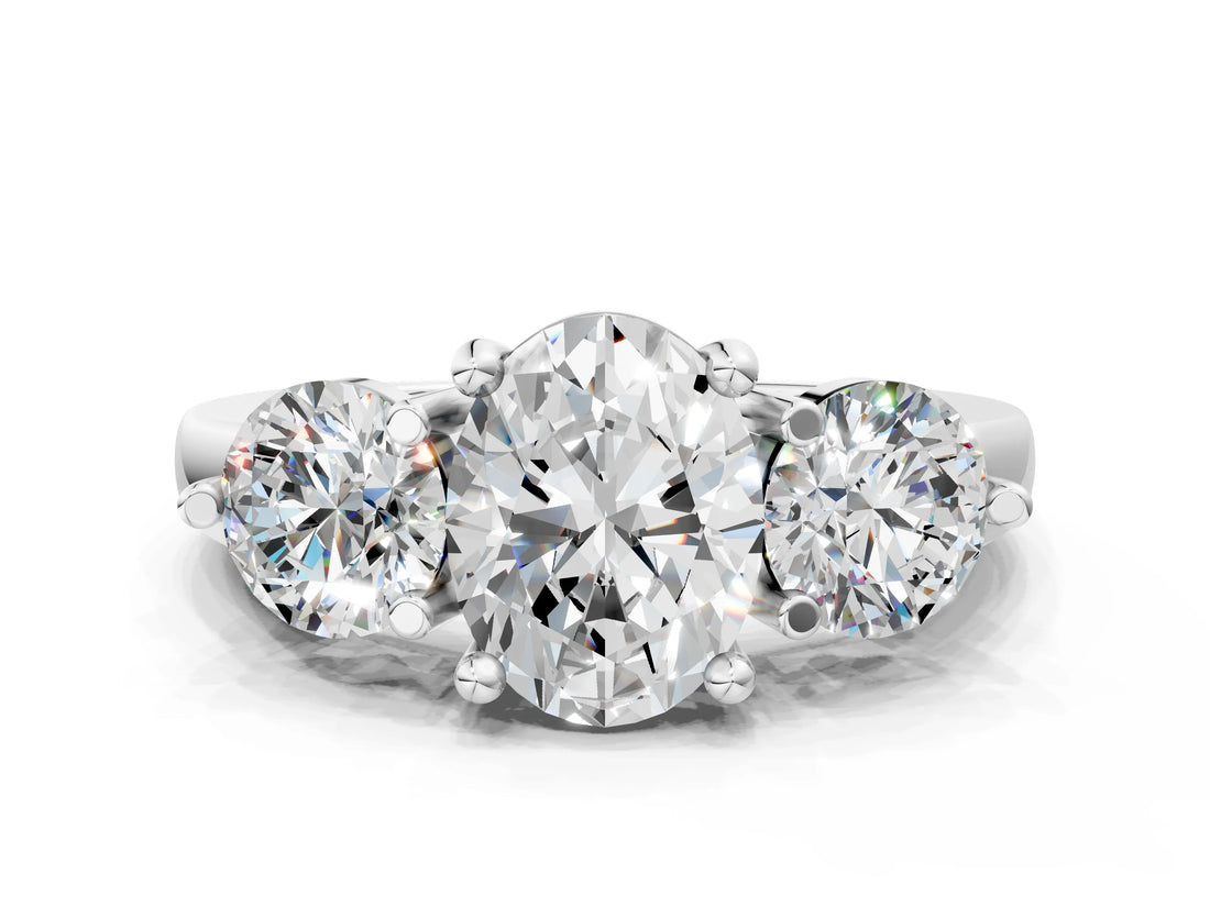 Silver Three-Stone Oval Brilliant Cut Solitaire Ring with Prong Setting on a Classic Band 1