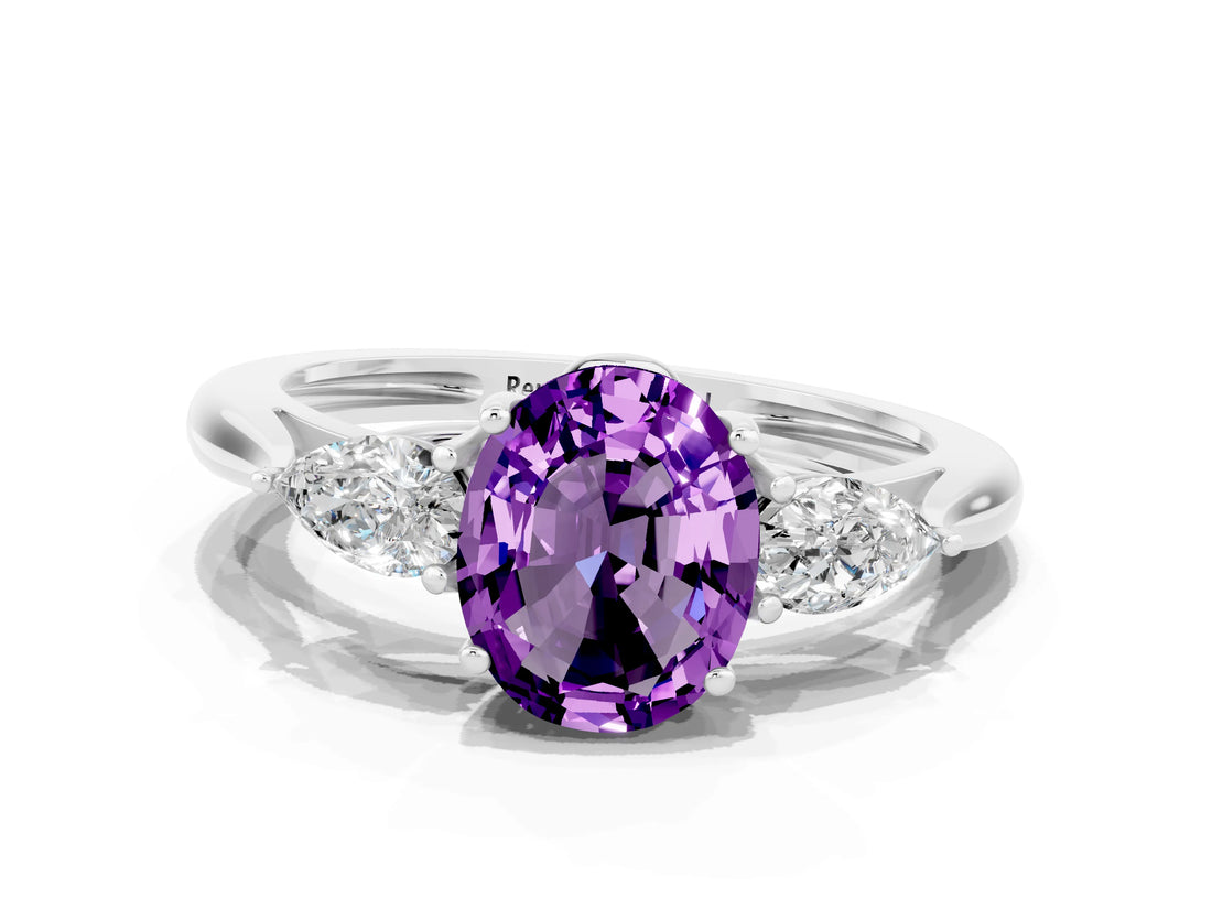 Silver Three-Stone Oval Cut Amethyst Ring with Pear  Side Stones in Four-Prong Setting_54