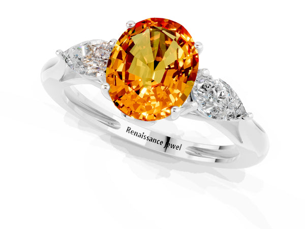 Silver Three-Stone Oval Cut Citrine Ring with Pear  Side Stones in Four-Prong Setting