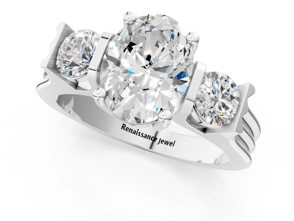 Silver Three-Stone Oval Cut Classic Band Prong Setting Ring
