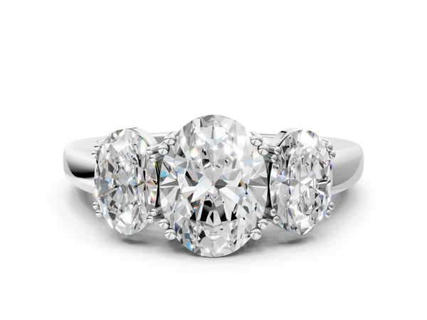 Sterling Silver Oval Three Stone Engagement Ring Setting with Double Claw Head and Plain Band
