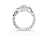 Silver Three-Stone Oval Cut Diamond Milgrain Pave Engagement Ring_46