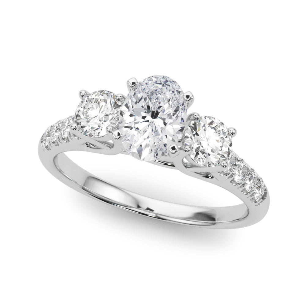 Silver Three-Stone Oval Cut Diamond Pavé Band with Four-Prong Setting 2