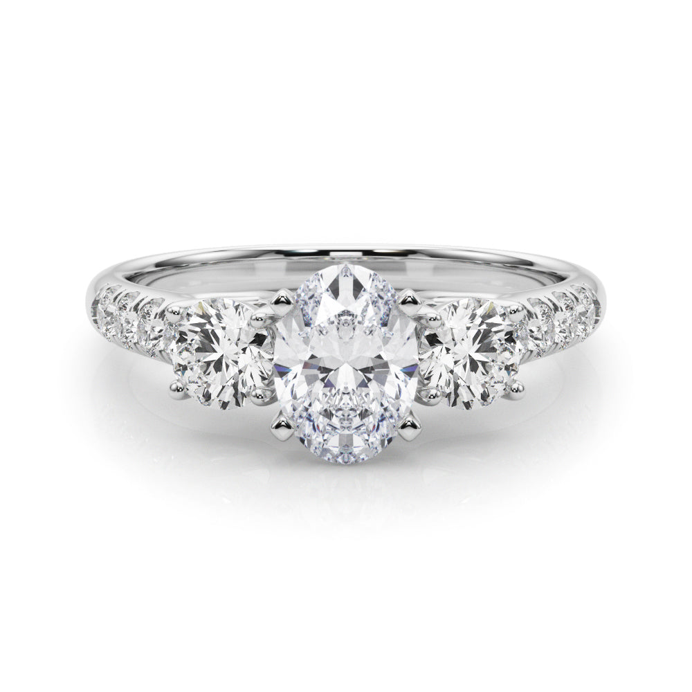 Silver Three-Stone Oval Cut Diamond Pavé Band with Four-Prong Setting