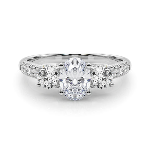 Silver Three-Stone Oval Cut Diamond Pavé Band with Four-Prong Setting