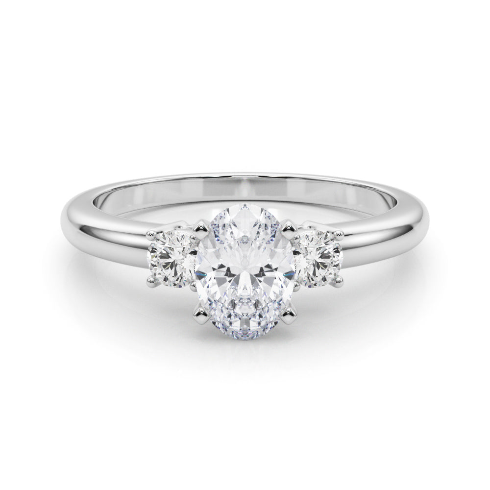 Silver Three-Stone Oval Cut Diamond Solitaire with Prong Setting and Classic Band