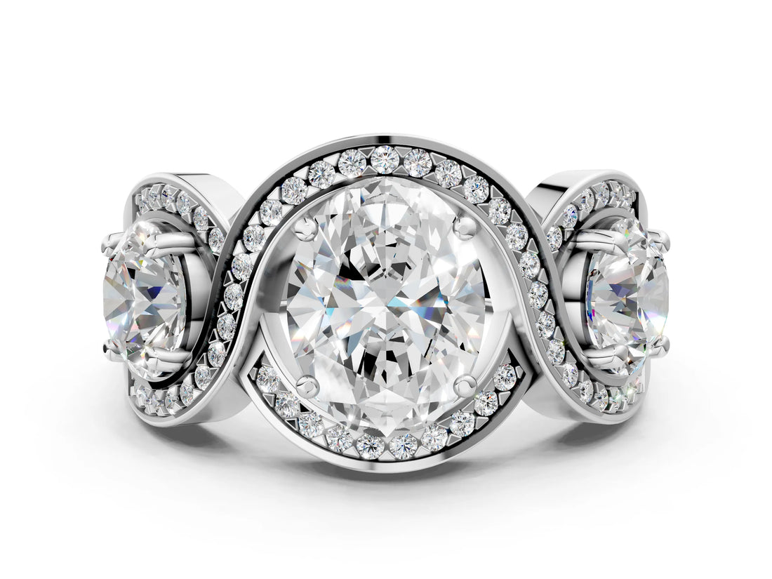 Silver Three-Stone Oval Cut Diamond Wave Pave Band with Prong Setting_13