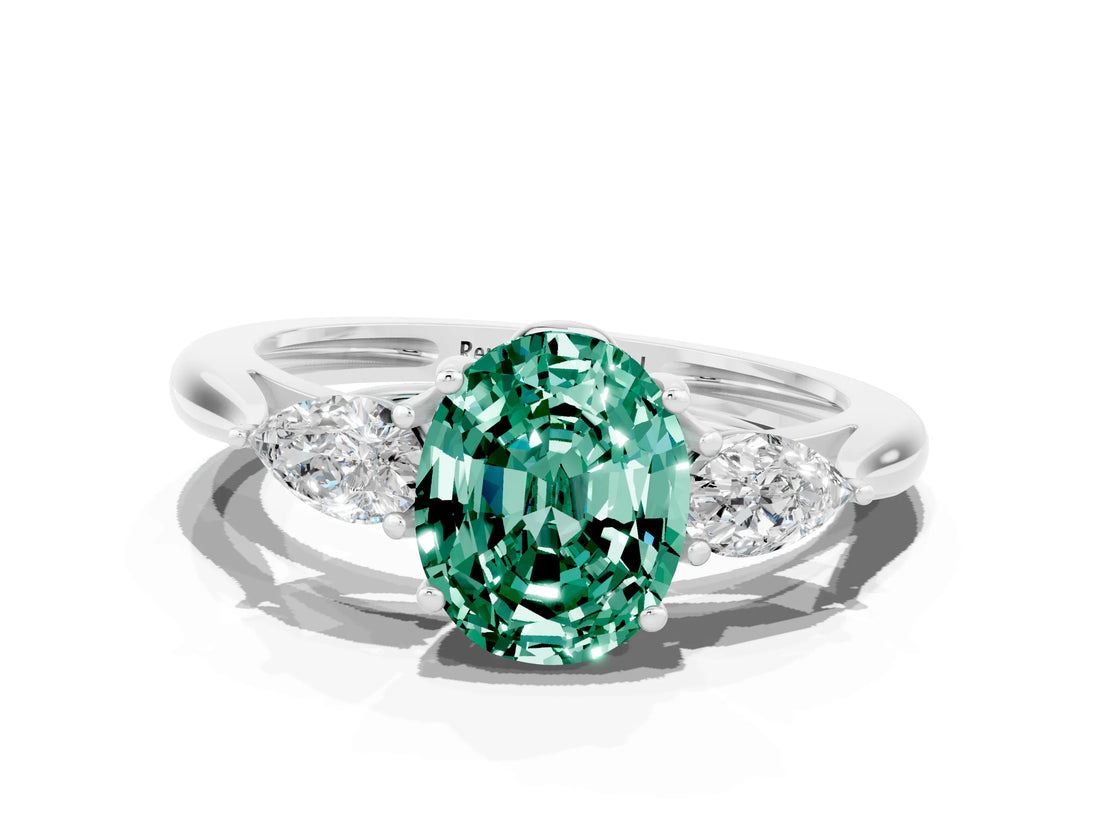 Silver Three-Stone Oval Cut Green Sapphire Ring with Pear  Side Stones in Four-Prong Setting_54