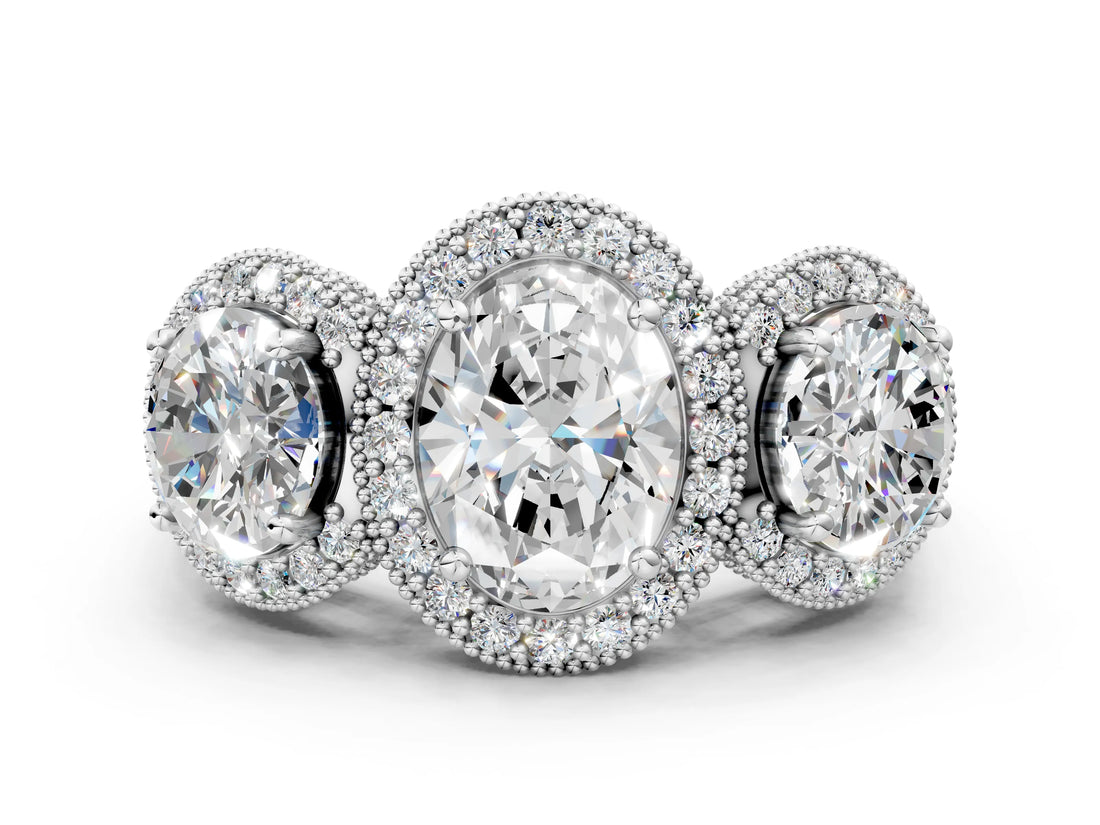 Silver Three-Stone Oval Cut Halo Diamond Milgrain Band with Four-Prong Setting_7