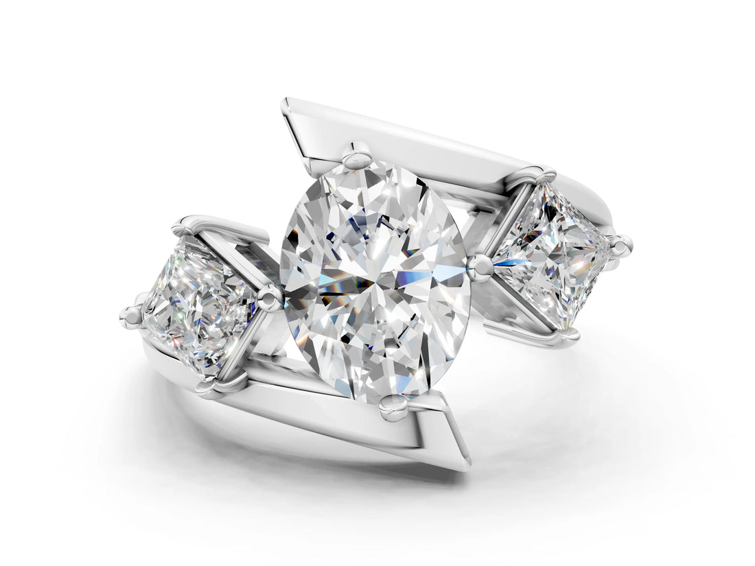 Silver Three-Stone Oval Cut Tension Band Ring with Four-Prong Setting_12