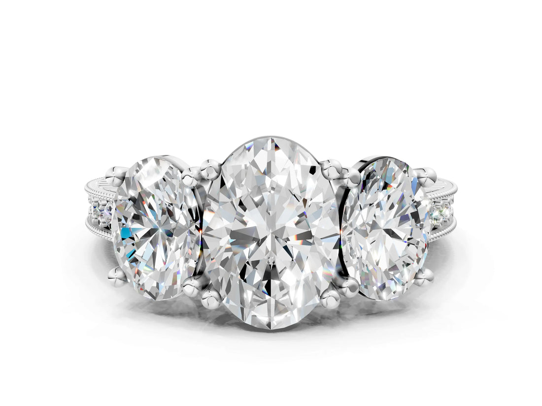 Silver Three-Stone Oval Diamond Milgrain Pave Band with Prong Setting