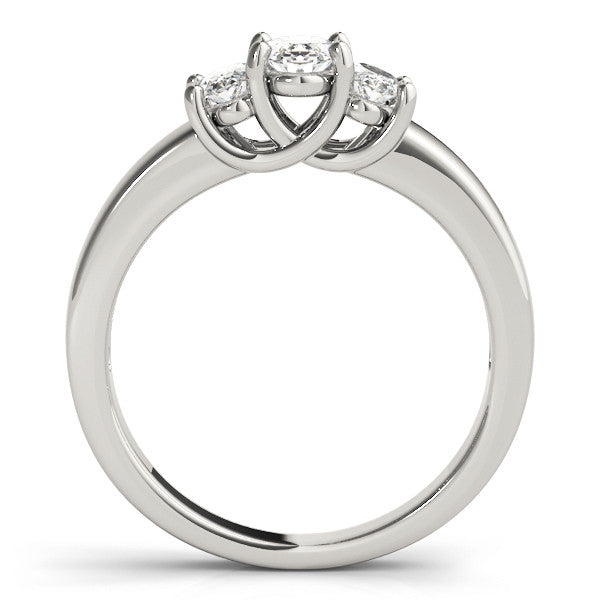 Silver Three-Stone Oval Diamond Ring with Channel Band and Prong Setting