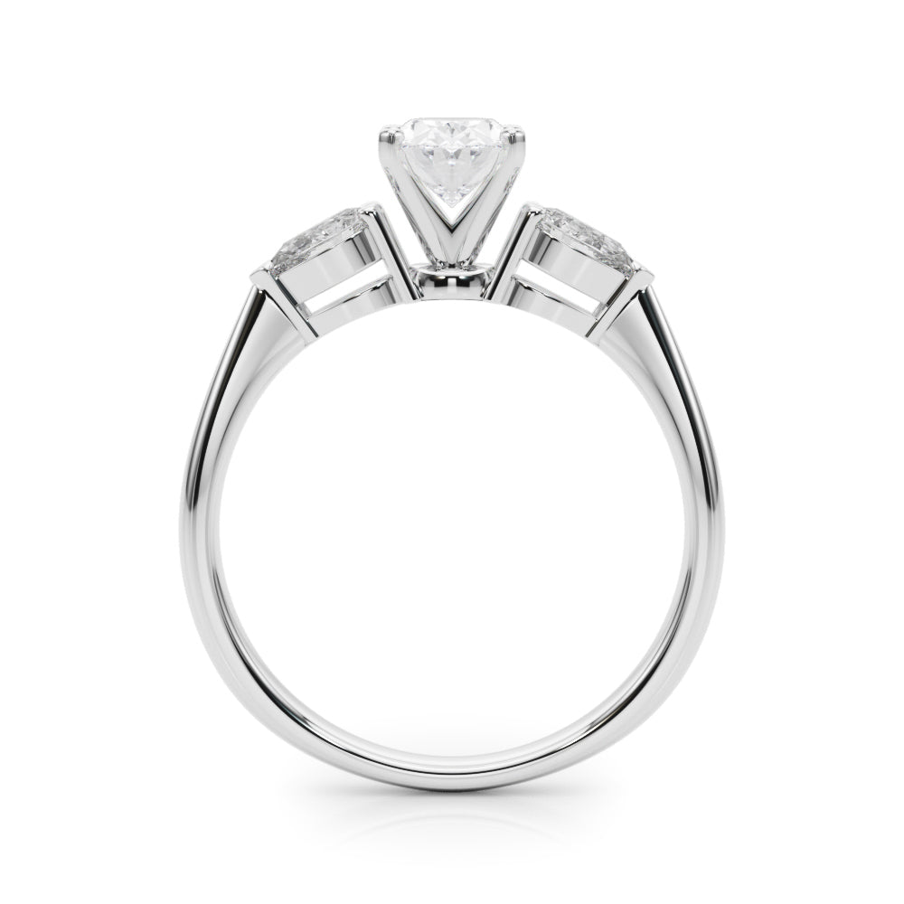 Silver Three-Stone Oval Diamond Ring with Pear Side Stones on a Platinum Band with Four-Prong Setting 1