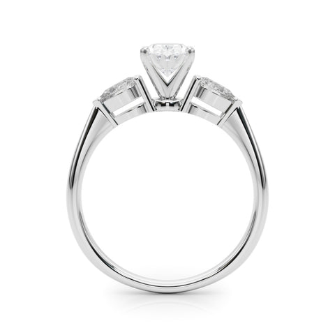 Silver Three-Stone Oval Diamond Ring with Pear Side Stones on a Platinum Band with Four-Prong Setting 1