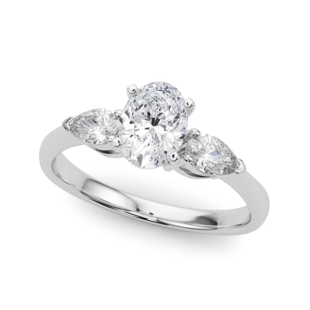 Silver Three-Stone Oval Diamond Ring with Pear Side Stones on a Platinum Band with Four-Prong Setting 2