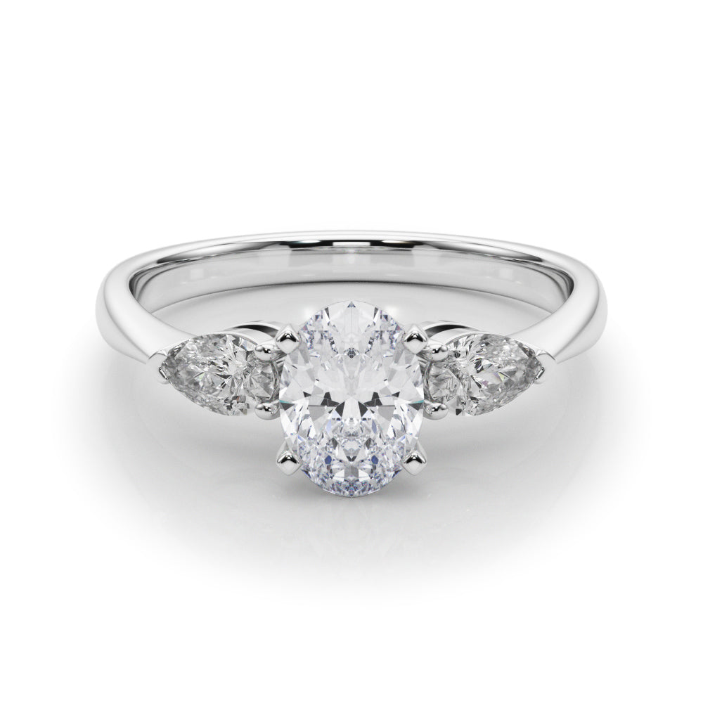 Silver Three-Stone Oval Diamond Ring with Pear Side Stones on a Platinum Band with Four-Prong Setting