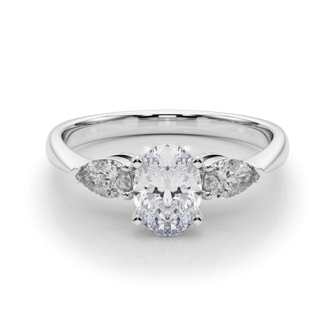 Silver Three-Stone Oval Diamond Ring with Pear Side Stones on a Platinum Band with Four-Prong Setting