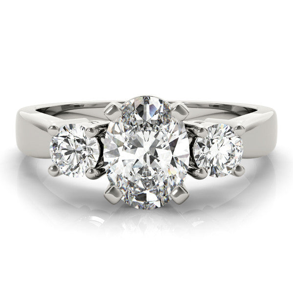 Silver Three-Stone Oval Diamond Ring with Round Side Stones, Classic Band, and Four-Prong Setting 2
