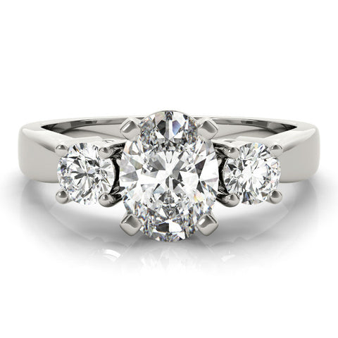 Silver Three-Stone Oval Diamond Ring with Round Side Stones, Classic Band, and Four-Prong Setting 2