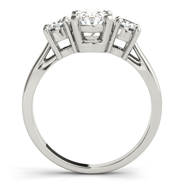 Silver Three-Stone Oval Diamond Ring with Round Side Stones, Classic Band, and Four-Prong Setting