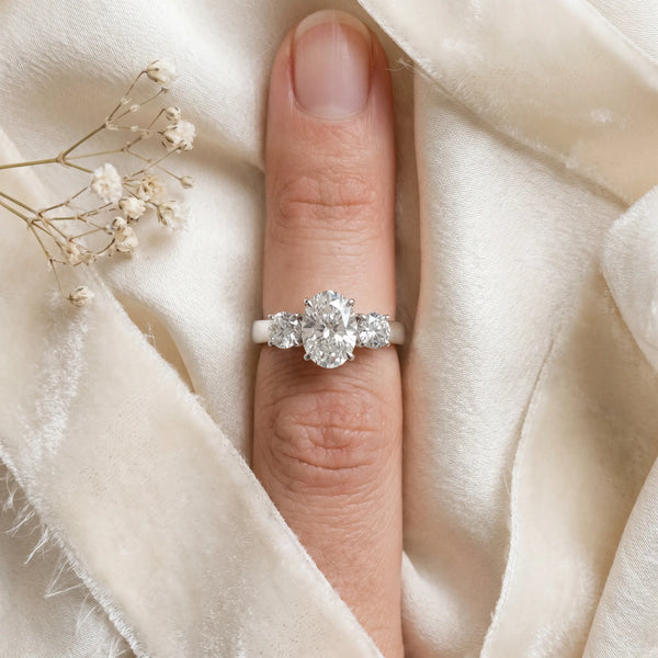 Sterling Silver Oval Three Stone Engagement Ring Setting with Round Side Stones