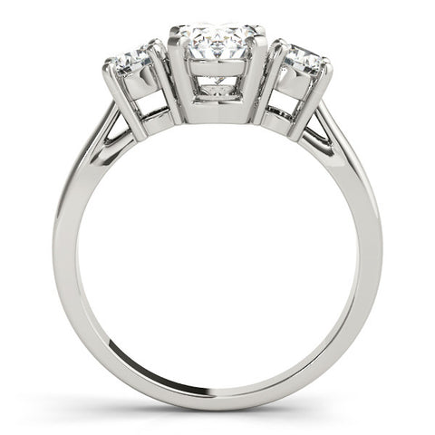 Silver Three-Stone Oval Diamond Ring with Round Side Stones, Classic Band, and Four-Prong Setting