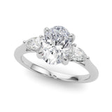 10K White Gold Three-Stone 3.09 Carat D VVS2 Oval Diamond Solitaire Ring with Pear Side Stones and Four-Prong Setting