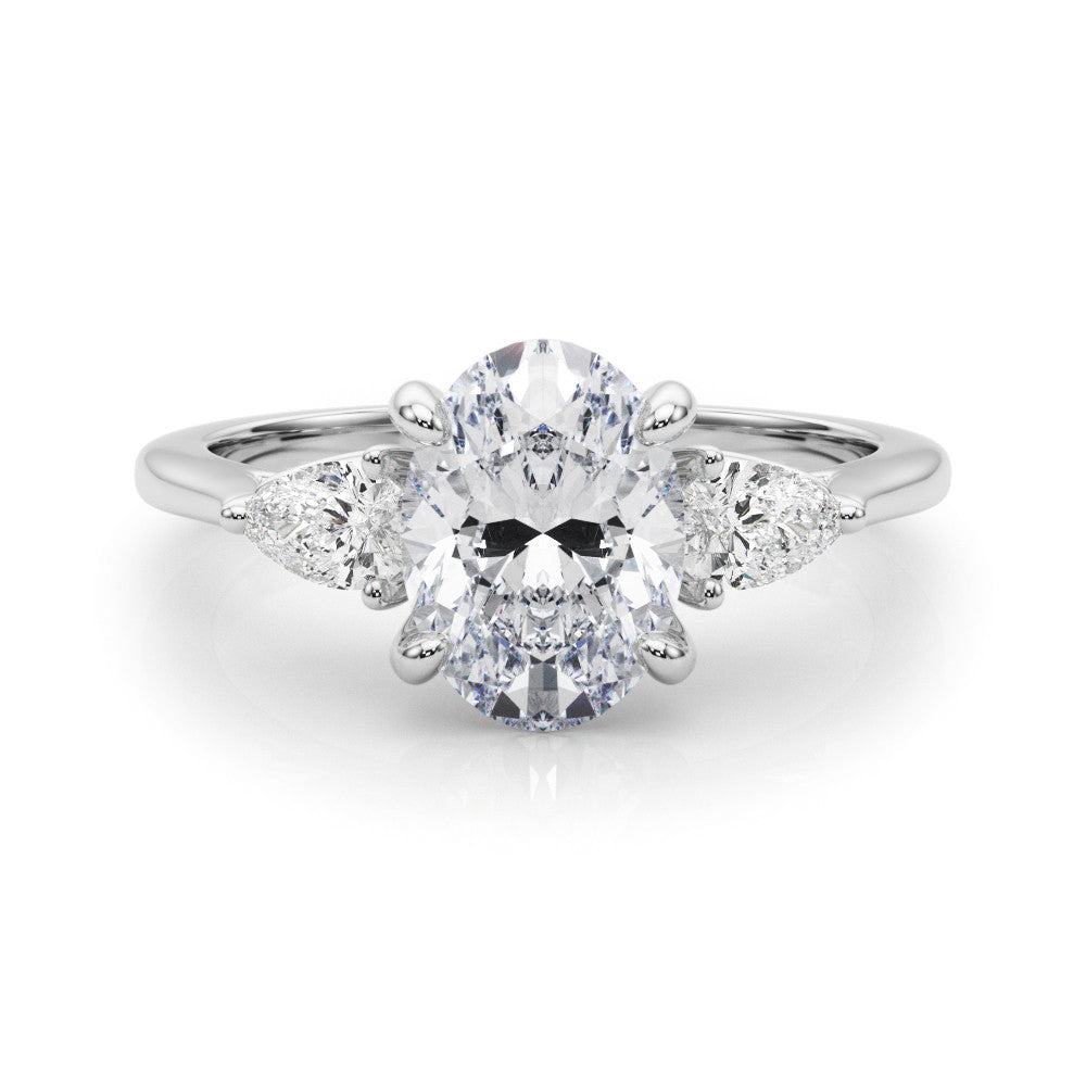 Silver Three-Stone Oval Diamond Solitaire Ring with Pear Side Stones and Four-Prong Setting 2