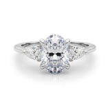 10K White Gold Three-Stone 3.09 Carat D VVS2 Oval Diamond Solitaire Ring with Pear Side Stones and Four-Prong Setting