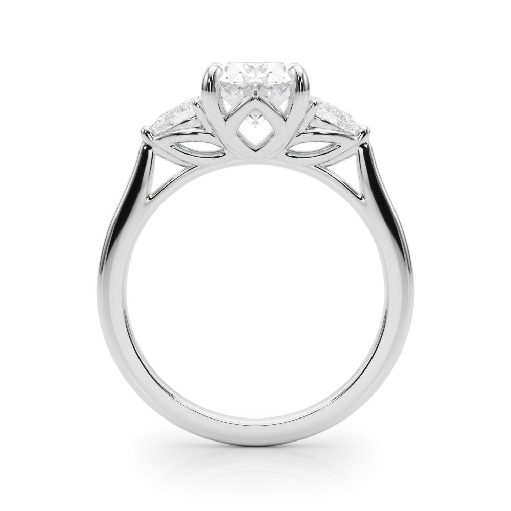 Silver Three-Stone Oval Diamond Solitaire Ring with Pear Side Stones and Four-Prong Setting