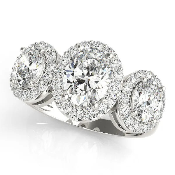 Silver Three-Stone Oval Halo Diamond Ring with Pave Band and Four-Prong Setting