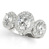 Silver Three-Stone Oval Halo Diamond Ring with Pave Band and Four-Prong Setting