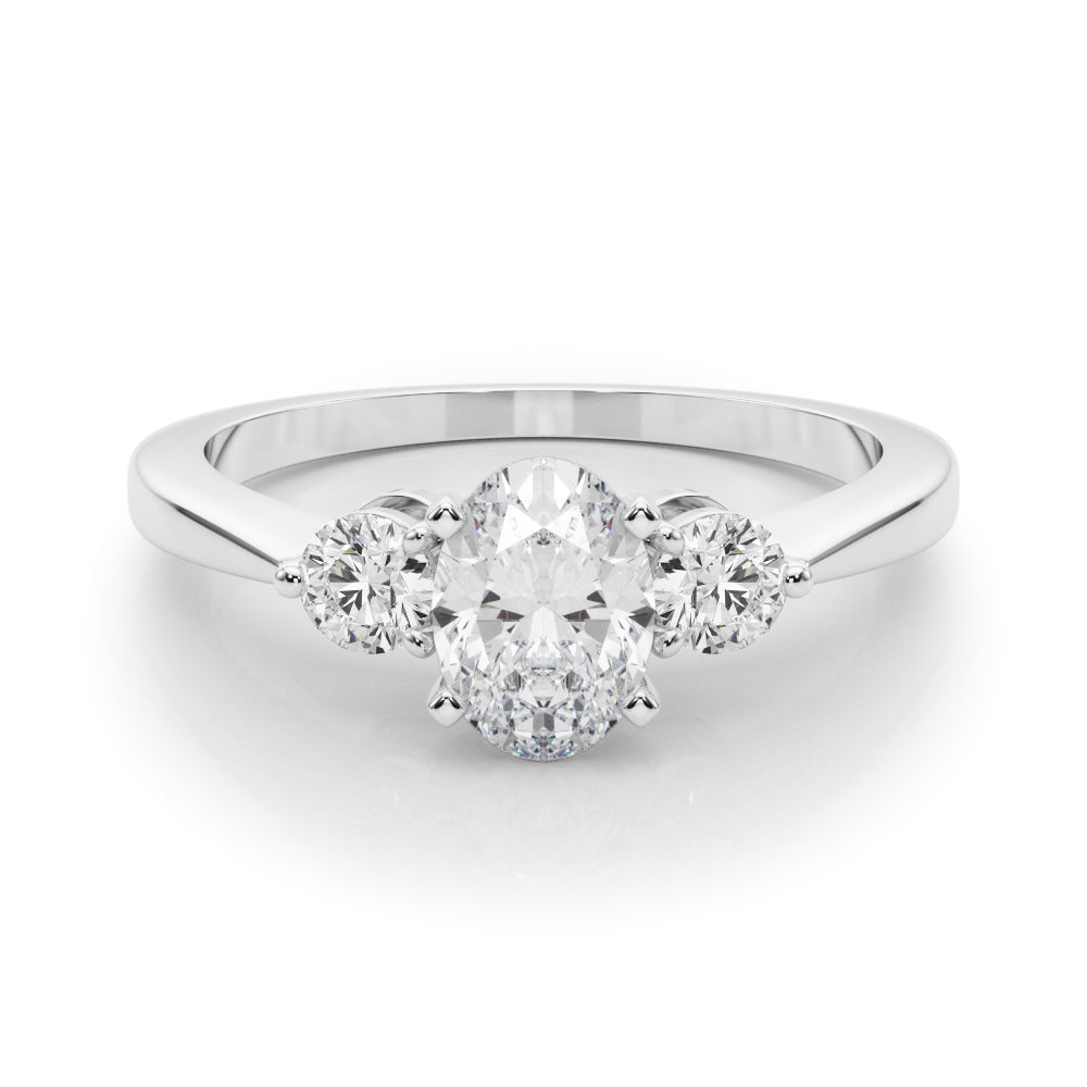 Silver Three-Stone Oval Solitaire Ring with Tapered Band and Four-Prong Setting