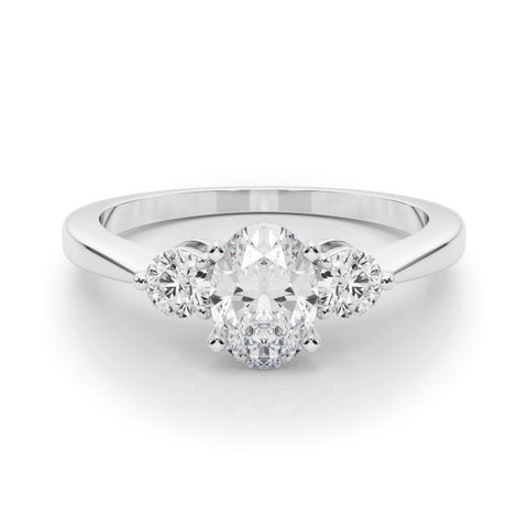 Silver Three-Stone Oval Solitaire Ring with Tapered Band and Four-Prong Setting