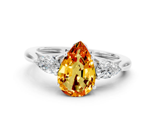 Silver Three-Stone Pear Cut Citrine Ring with Pear  Side Stones in Four-Prong Setting