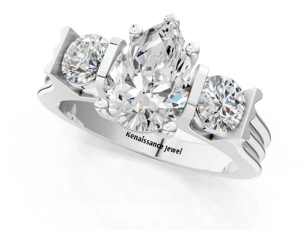 Silver Three-Stone Pear Cut Classic Band Prong Setting Ring