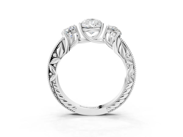 Sterling Silver Pear-Shaped Vintage Three Stone Engagement Ring Setting with Milgrain Pave Band