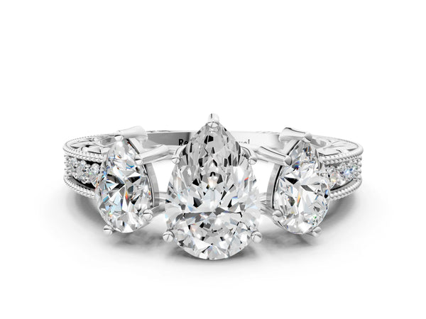 Sterling Silver Pear-Shaped Vintage Three Stone Engagement Ring Setting with Milgrain Pave Band
