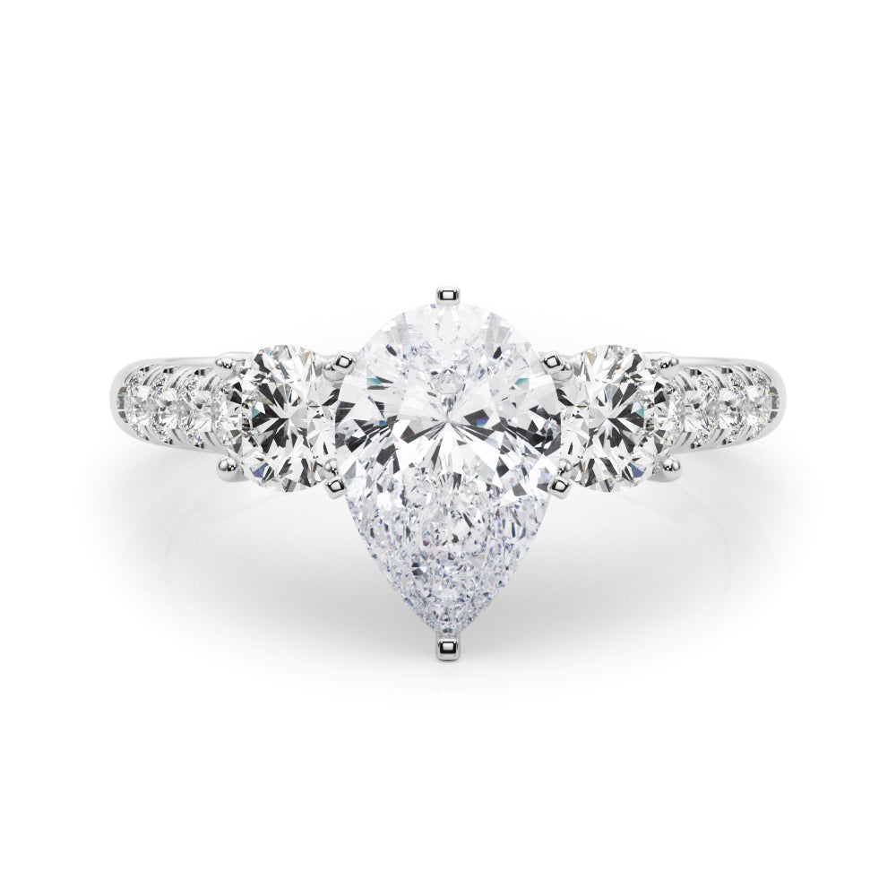 Silver Three-Stone Pear Cut Diamond Pavé Band with Four-Prong Setting