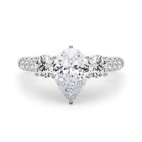 Silver Three-Stone Pear Cut Diamond Pavé Band with Four-Prong Setting