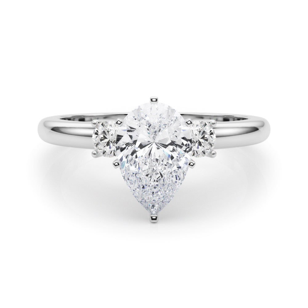 Silver Three-Stone Pear Cut Diamond Solitaire with Prong Setting and Classic Band