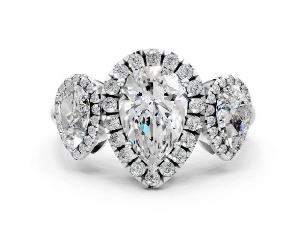 Silver Three-Stone Pear Cut Halo Diamond Ring with Pave Band and Four-Prong Setting